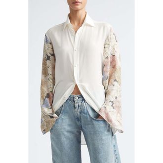 Maison Margiela Floral Sleeve Silk Button-Up Shirt in Ivory at Nordstrom, Size 8 Us