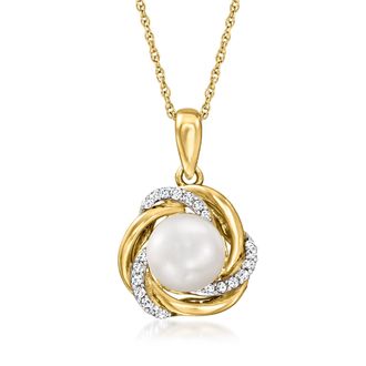 Ross-Simons 7mm Cultured Pearl Love Knot Pendant Necklace With Diamonds in 14kt Yellow Gold