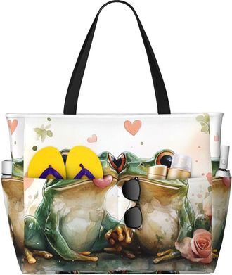 Generic Cute Frog Print Large Beach Bag Foldable Travel Shoulder Tote Bag With Pocket For Weekender Pool Vacation