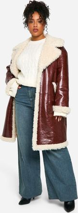 Boohoo Womens Plus Faux Leather Teddy Trim Longline Aviator Jacket - Burgundy - Size 16 UK