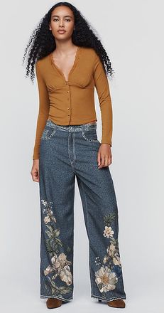 Ranna Gill Denim Floral Print Wide-Leg Pants