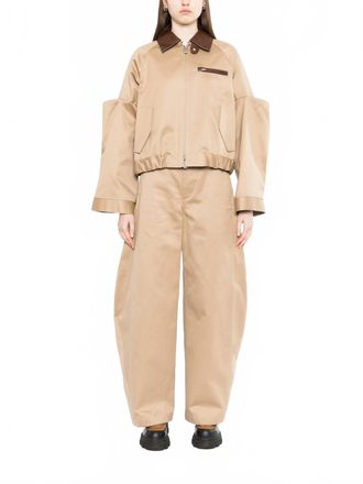 sacai Pleated Leather-Trimmed Cotton-Twill Jacket In Beige