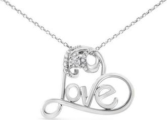 House of Brilliance Silver 1/10 Cttw Round Diamond Accented Open Heart with Love Pendant Necklace in White at Nordstrom