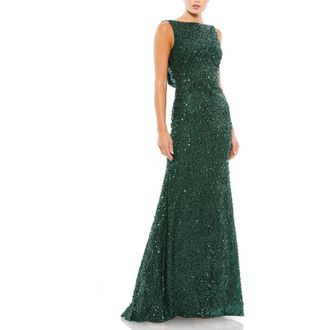 Mac Duggal Cowl Back Boat Neck Sequined Evening Gown in Emerald at Nordstrom, Size 14