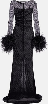 Gucci GG feather-trimmed sheer gown