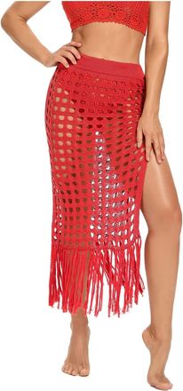 Generic Crochet Swim Coverups for Women 2022 Split Sheer Mesh Cover Up Skirt with Tassels Hollow Out Fish Net Swimsuit Beach Sarong Swimwear (Brick Red, S)