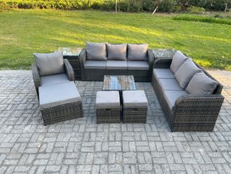Fimous 10 Seater Outdoor Rattan Garden Furniture Set Conservatory Patio Sofa Coffee Table With Reclining Chair 3 Footstools 2 Side Tables in Dark Grey