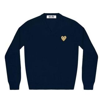 Comme Des Garçons (WMNS) COMME des GARCONS PLAY V-Neck Pullover Gold Emblem Navy AZ-N047-051-2