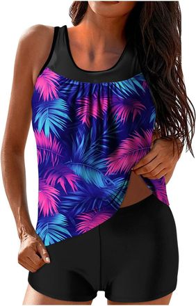 Generic 2 Piece Swimsuits for Women Vintage Floral Print Swimwear Sporty Tummy Control Tank Tops High Waist Trunks Fashion Beach Bathing Suit Sets New Years D