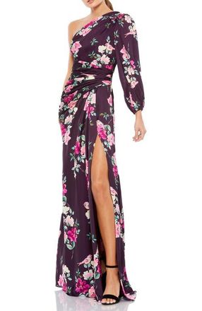 Mac Duggal Floral One-Sleeve Charmeuse Gown with Slit in Plum Floral at Nordstrom, Size X-Small