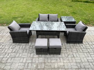 Fimous PE Wicker Outdoor Garden Furniture Set Patio Furniture Rattan Rectangular Dining Table Lounge Sofa in Dark Grey