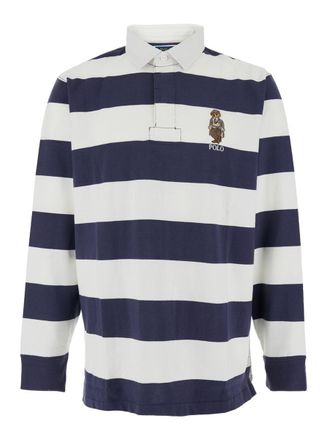 Polo Ralph Lauren Rugby Fit Blue And White Polo Shirt With Logo Embroidery On The Front And All-Over Striped Motif In Cotton Man