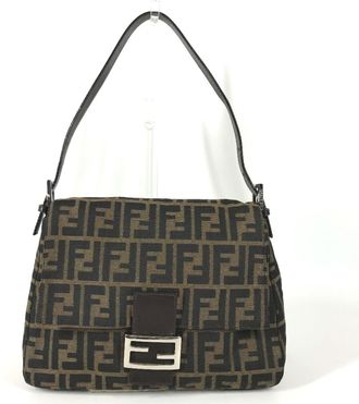 Fendi Brown Leather Canvas Handbag Shoulder Bag Tote Bag (Pre-Owned)