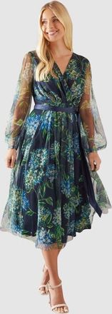 Wallis Petite Floral Mesh Satin Tie Midi Dress in Navy at Nordstrom, Size 10