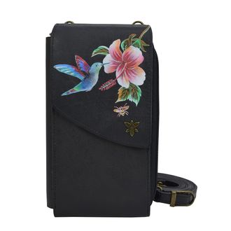 Anuschka Womens Original Hand-Painted Vegetable Tanned Leather RFID Blocking Crossbody Phone Wallet, Hummingbird Black