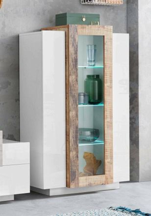 Dmora Vitrina Moderna Con Puerta De Cristal, Made In Italy, Con Luz Led Blanca, Aparador Con Estantes, Vitrina Para Sal&oacute;n, Cm 80x38h121, Blanco Brillante Y 
