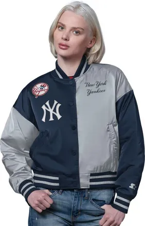 Starter Womens Starter Navy/Gray New York Yankees Offside Cropped Full-Snap Varsity Jacket at Nordstrom, Size X-Large