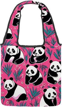 Generic Cute Panda on Pink Reversible Canvas Shoulder Tote - Double-Sided Print, 12oz Cotton, 27cm Drop, Fold-Flat Bag for Travel, Shopping, Street Outings