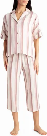 Nicole Miller Woven Shirt And Capri Two-Piece Sleepwear Set In Dune Textured Block Stripe
