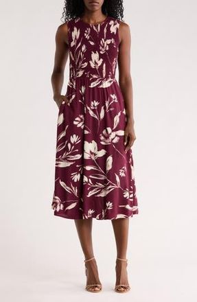 Calvin Klein Smocked Sleeveless Fit & Flare Midi Dress in Rosewood Multi at Nordstrom Rack, Size 12