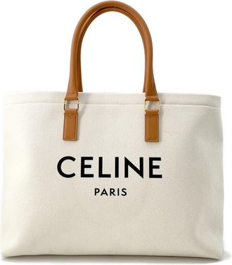 Celine Brown White Canvas Leather Tote Bag (Pre-Owned)