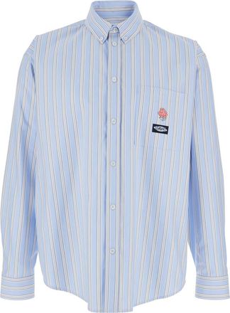 Msgm Light Blue Shirt With All-over Striped Motif And Logo On The Front In Cotton Man