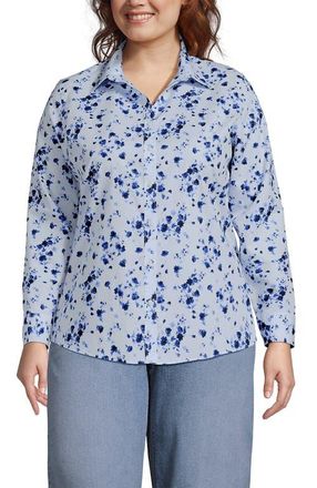 Lands End No Iron Supima Cotton Long Sleeve Shirt in Serene Blue Poetic Floral at Nordstrom, Size 16W