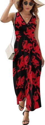 Generic Welsh Dragon Womens Sleeveless Long Dress Summer Maxi Dresses Casual Beach V Neck Vacation 2XL