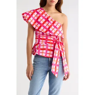 Sugarlips Darvy Plaid One-Shoulder Cotton Top in Pinks-Orange at Nordstrom, Size X-Small