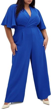 City Chic Braelynn Flutter Sleeve Jumpsuit in Cerulean at Nordstrom, Size 22W