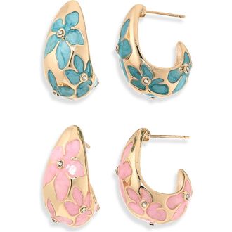 Natasha Set of 2 Flower Assorted Hoop Earrings in Blue/Blush at Nordstrom Rack