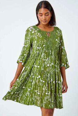 Roman Floral Print Lace Detail Smock Dress