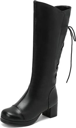 Generic Womens Elastic Lace Up Knee High Boots with Side Zipper Comfort Platform Round Toe Block Heels Winter Dress Shoes (Black,7.5)