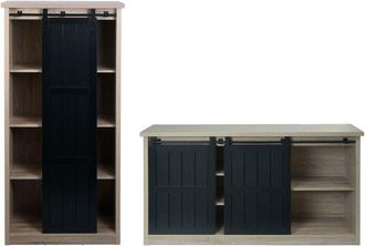 Hhg Juego de salón compuesto por armario y aparador HHG 165, compartimentos de almacenamiento con puertas correderas, metal industrial efecto madera