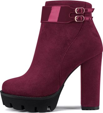 Castamere Women Chunky Block Platform High Heel Close Round Toe Ankle Boots Short Bootie Zipper Classic Boots Burgundy Wine Red 5 UK