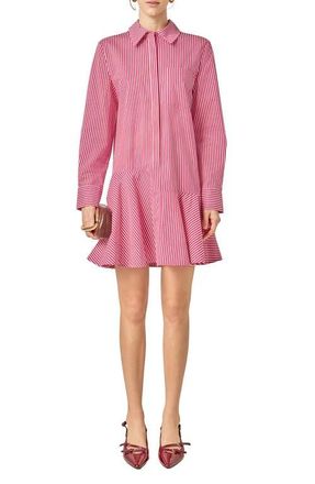 English Factory Stripe Ruffle Hem Long Sleeve Shirtdress in Burgundy at Nordstrom, Size X-Small