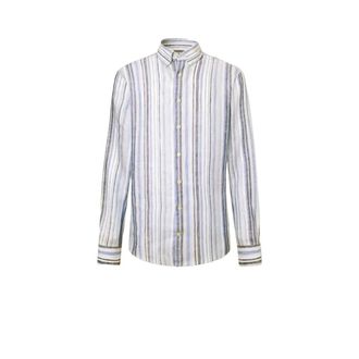 Hackett Overhemden, Heren, Blauw, M, Linnen, Linnen Gestreepte Overhemd met Meerdere Strepen