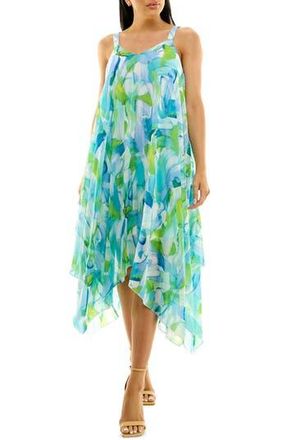 Nina Leonard Patterned Handkerchief Hem Dress in Robins Egg Multi at Nordstrom Rack, Size Small