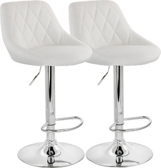 Elama 2 Piece Diamond Stitched Faux Leather Bar Stool in White with Chrome Base and Adjustable Height