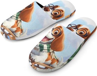 Generic Basset Hound Ski Skiing Flannel Mens Slip-on Slippers Winter Warm House Shoes with Rubber Sole for Home Hotel