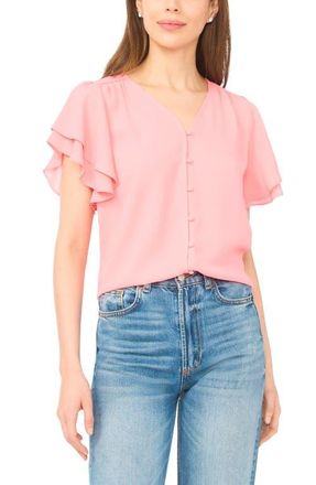 CeCe by Cynthia Steffe Double Flutter Sleeve V-Neck Top in Coral Bloom at Nordstrom, Size Xx-Small