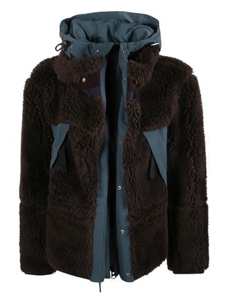 sacai high-collar hooded wool jacket - women - Wool/Polyester - 3 - Brown