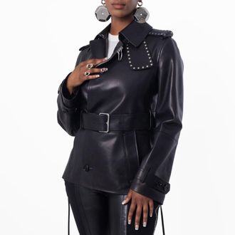 Burberry Belted Leather Trench Jacket, Brand Size 6 ( US Size 4 )