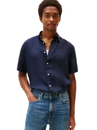 Tommy Hilfiger Mens Short Sleeve Casual Linen Button Down Shirts in Regular Fit, Desert Sky, Large
