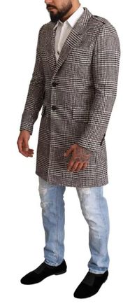 Dolce & Gabbana Mens Gray Check Plaid Long Trench Coat Jacket Cotton Clothing