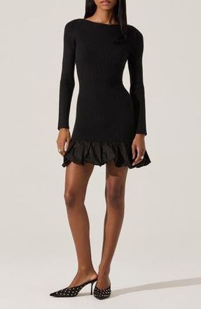 ASTR the Label Carlene Long Sleeve Mixed Media Bubble Hem Minidress in Black at Nordstrom Rack, Size Medium
