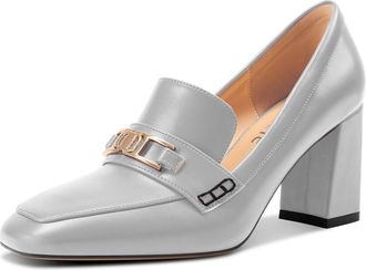 Castamere Womens Mid Block Heel Close Square Toe Slip-on Loafers Shoes Metal Buckle Office Casual Pumps Court Shoe 8 CM Shoes Silver 5.5 UK