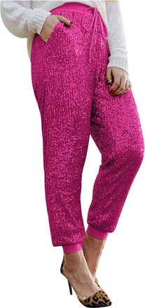 Generic Womens Long Wide Leg Sports Trousers Elastic Waist Party Trousers Festive Sequin Trousers Oversized Loose Jogging Bottoms with Cuffs Shiny Sequins Cas