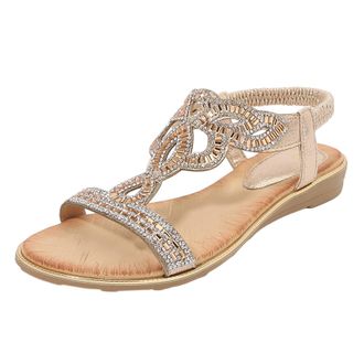 Generic Womens Shoes 39 Rose Womens Summer Fashion Hollow Rhinestone Flat Bottom Bohemian Comfortable Large Size Beach Shoes Sandals Shoes Women Youth Consecr