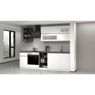 Dmora Dmora - Cucina completa Fonti, Set con dispensa, Mobile per cucinotto, Kit blocco lineare, 100% Made in Italy, 255x60h85 cm, Bianco lucido e Ardesia